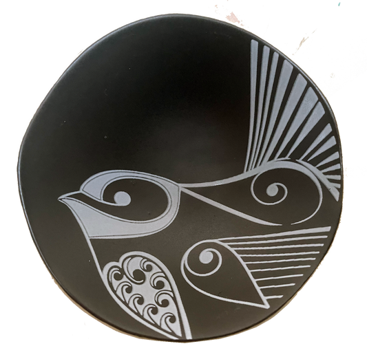 Jo Luping Small Bowl - Pīwakawaka (White on Black)