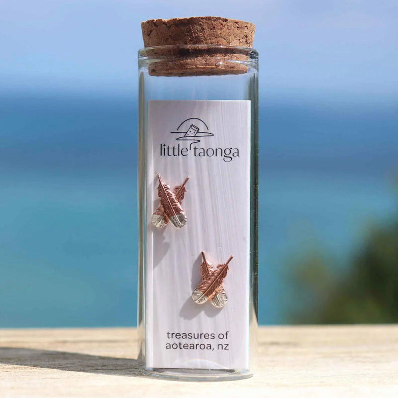 Little Taonga - Crossed Huia Feather Studs (Rose Gold)